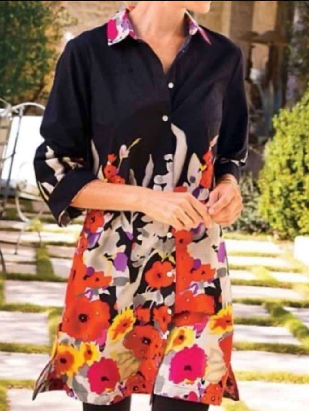 Soft Surroundings Floral Provence Long Sleeve Button Shirt II Dress - Size XL